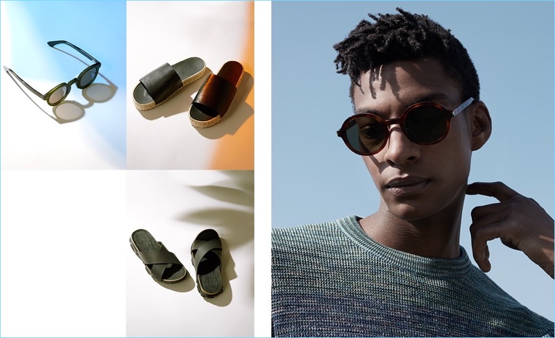 Left (Clockwise from Left): Movitra sunglasses $221, Balenciaga leather slides, and Stella McCartney cross-strap faux leather sandals $244. Right: Ty Ogunkoya models Saint Laurent round-frame sunglasses $280 with a striped Missoni sweater $250.