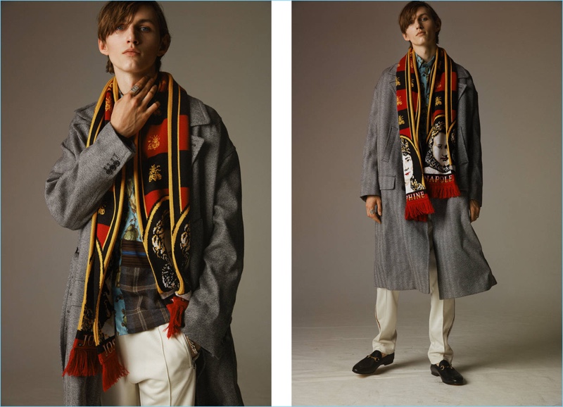 Sean (Boom Models) makes a statement in a Y/Project Napoleon and Josephine jacquard knit scarf. He also dons a herringbone wool coat with Gucci leather loafers $650.