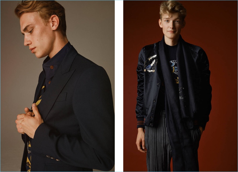 Left: Frederik Westendorp dons fall tailoring for Luisaviaroma. Right: Frank Moltmaker channels a retro vibe in key takeaways such as the bomber jacket, which is updated with embroidery.