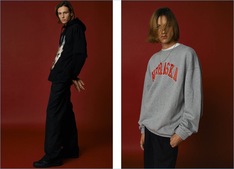 Sean M. (Boom Models) taps into nineties style with streetwear-inspired pieces such as a Nebraska sweatshirt from Off-White.