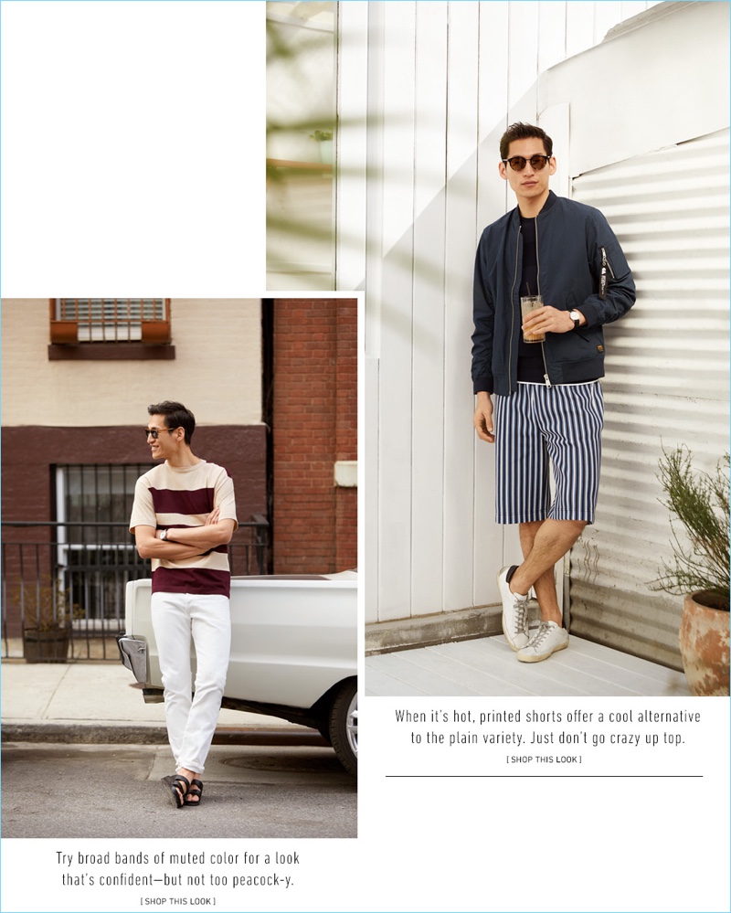Left: Jae Yoo wears a Marni striped t-shirt $106, Club Monaco chinos $98.50, and Birkenstock sandals $35. He also sports a Shinola watch $675 and Oliver Peoples sunglasses $365. Right: Jae models a Carhartt WIP bomber jacket $124.80 with a Tomorrowland short-sleeve sweater $162.50, and MSGM striped shorts $160.80. Golden Goose metallic Superstar sneakers $247.50, Oliver Peoples sunglasses $435, and a Miansai watch $346.50 completes his look.
