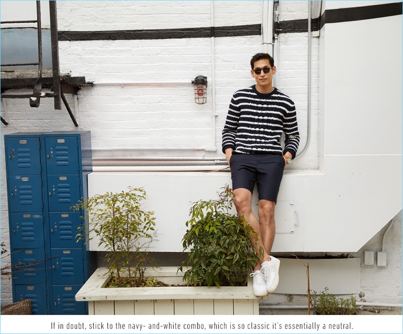 Going casual, Jae Yoo wears a Club Monaco striped sweater $149.70, Reigning Champ t-shirt $84, and Theory shorts $105. He also sports Clae leather sneakers $130, a Nixon watch $275, and Oliver Peoples sunglasses $430.