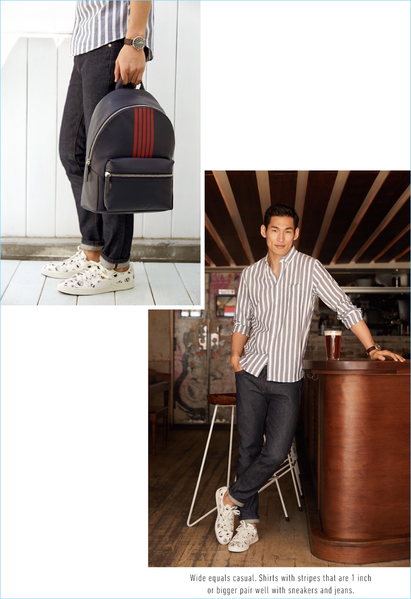 Connecting with East Dane, Jae Yoo wears a Levi’s Made & Crafted stripe shirt $118.80, A.P.C. Petit New Standard indigo jeans $185. He also rocks PUMA Select x Sesame Street Basket sneakers $80, Shinola watch $650, and an Uri Minkoff stripe leather backpack $206.50.