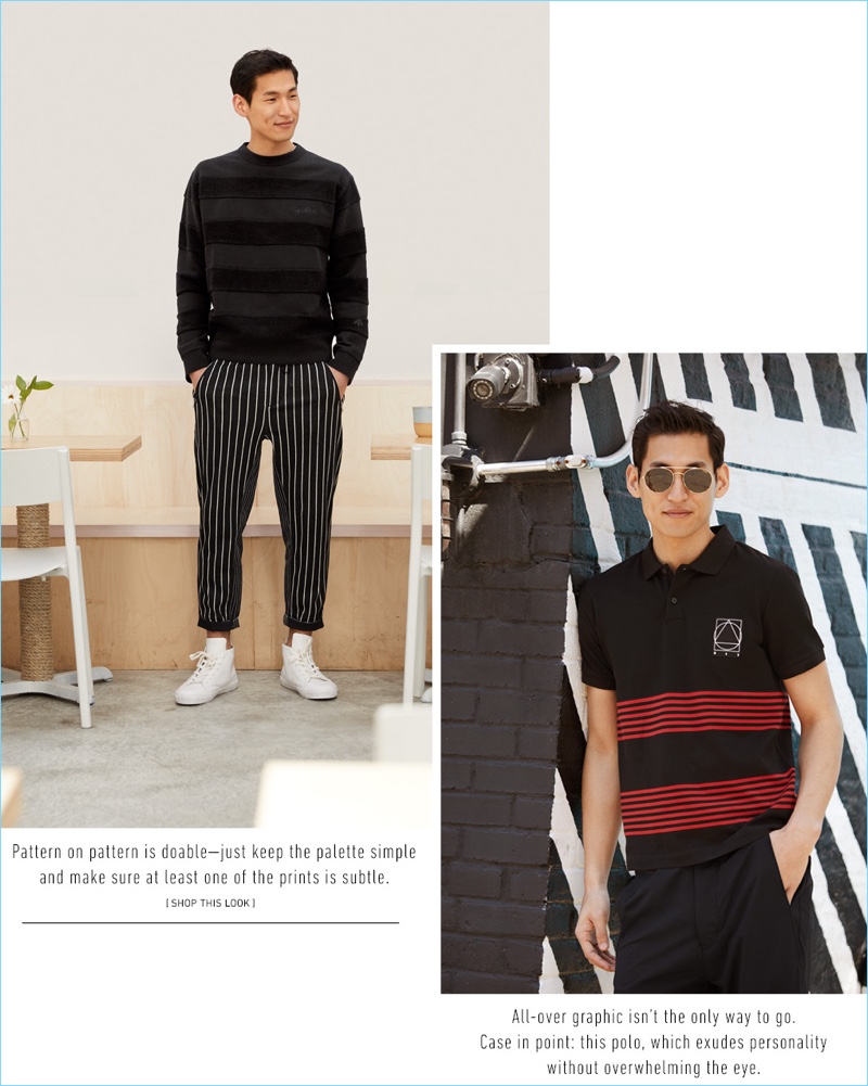 Left: Jae Yoo wears an AMI striped sweater $186, 3.1 Phillip Lim cropped striped sweatpants $262.50, and Soloviere leather sneakers $217.50. Right: Jae goes simple in a McQ Alexander McQueen stripe polo shirt $178.75 and Vince drop rise shorts $225.