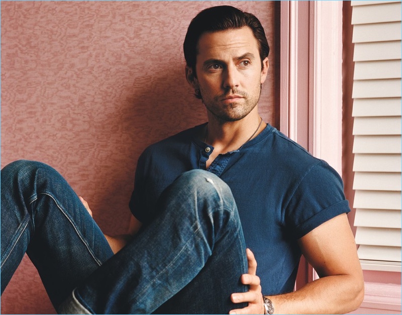 This Is Us actor Milo Ventimiglia wears a Current/Elliott shirt with his own denim jeans.