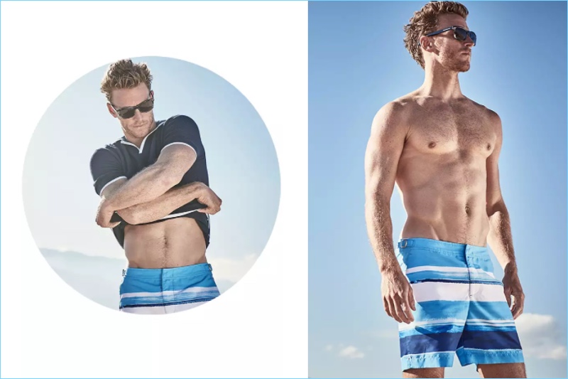 Model Rodrigo Calazans wears a polo shirt and blue striped swim trunks $275 by Orlebar Brown.