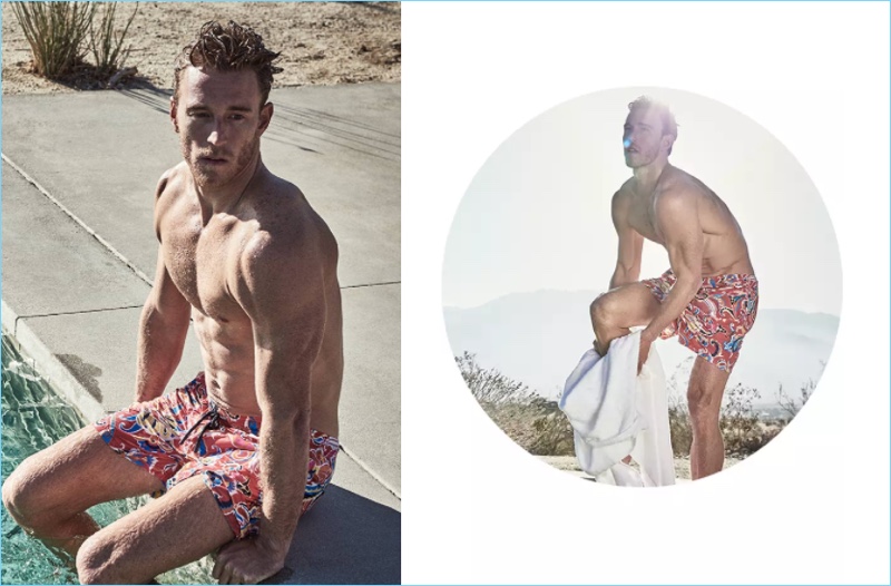 Enjoying a paisley moment, Rodrigo Calazans wears red Etro swim trunks $171.