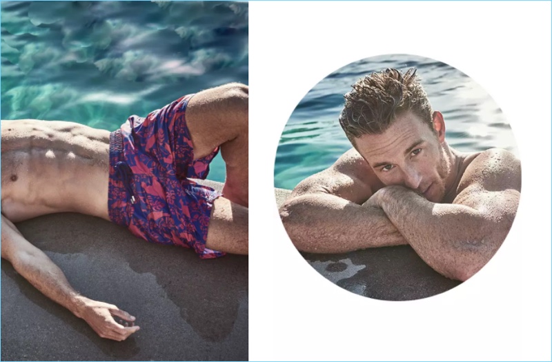 Sunbathing, Rodrigo Calazans wears Vilebrequin indigo/fuchsia swim trunks $250.