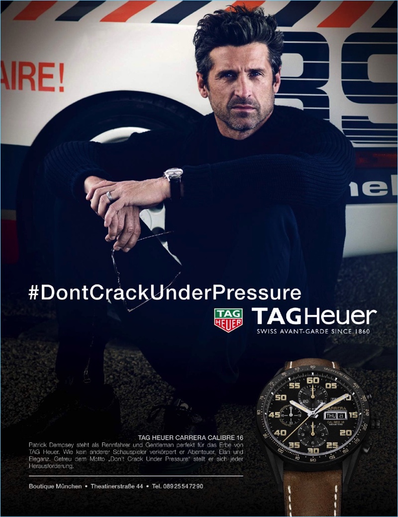No stranger to fast cars, Patrick Dempsey stars in TAG Heuer's advertising campaign. » Take 5 Ads: Gerard Butler, Hugh Jackman + More Celebs Turn Model No stranger to fast cars, Patrick Dempsey stars in TAG Heuer's advertising campaign.