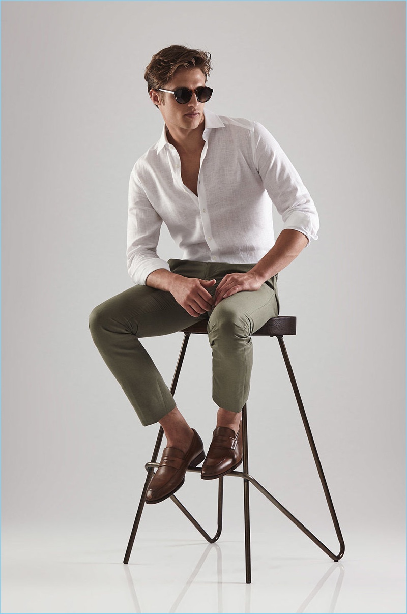 Go sockless this summer with Reiss’ tan leather penny loafers $245. A Reiss linen shirt $195 and trousers $150 complete the look.