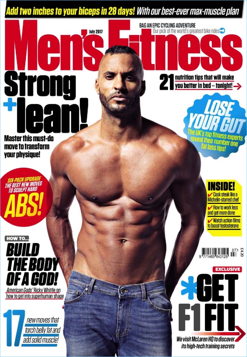 Ricky Whittle covers the July 2017 issue of Men's Fitness UK.