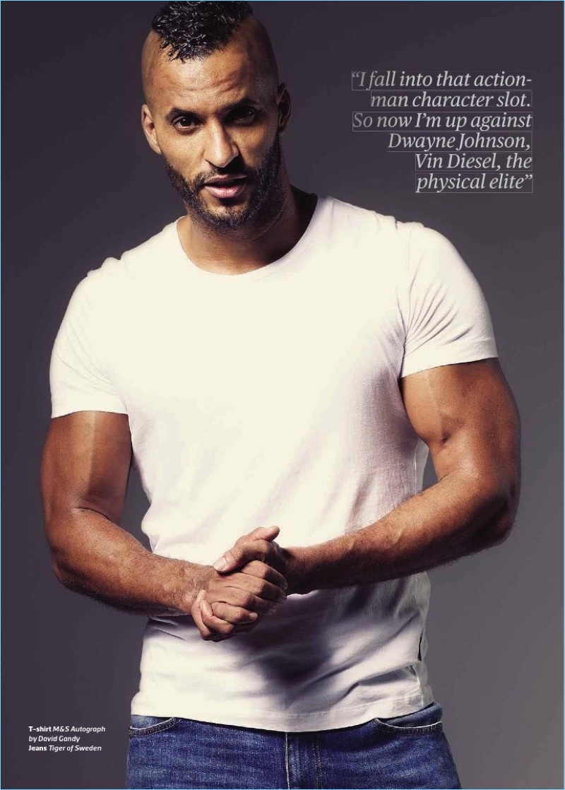 Front and center, Ricky Whittle wears a M&S Autograph by David Gandy t-shirt with Tiger of Sweden jeans.