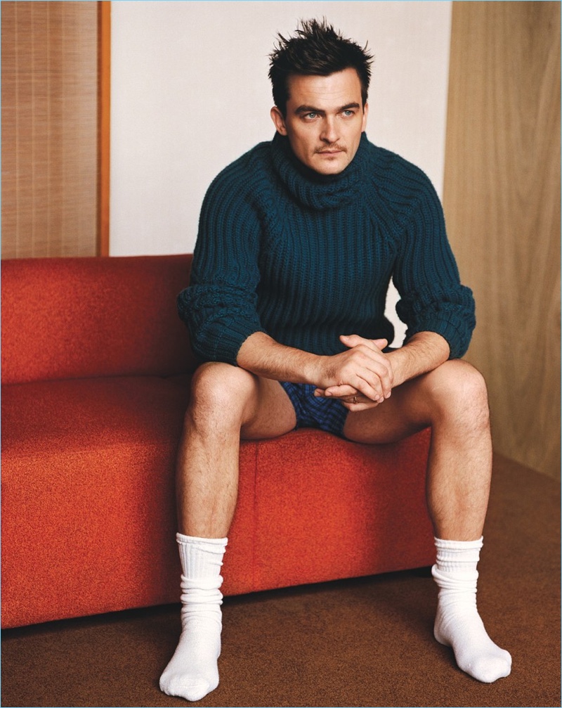 Homeland star Rupert Friend wears a Hermes sweater with Sunspel boxers for the pages of W magazine.