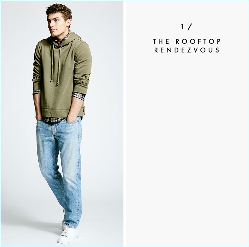 The Rooftop Rendezvous: Jacob Hankin goes casual in an Officine Generale hoodie $240 with Rag & Bone jeans $295, and Givenchy sneakers $650.