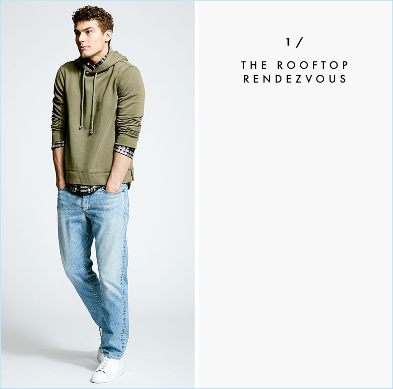 Saks 2017 Mens Summer Party Style 001 The Rooftop Rendezvous: Jacob Hankin goes casual in an Officine Generale hoodie $240 with Rag & Bone jeans $295, and Givenchy sneakers $650.