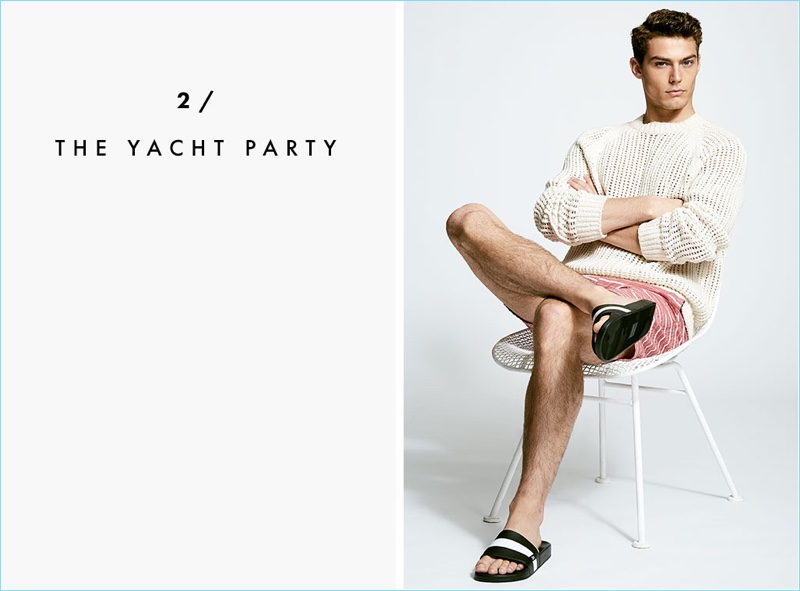 The Yacht Party: A summer vision, Jacob Hankin wears a Vince open weave sweater $425, Orlebar Brown swim trunks $275, and Saks Fifth Avenue Collection slides $128.