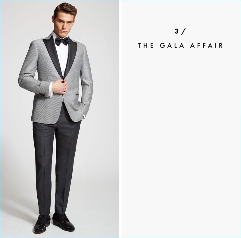 Saks 2017 Mens Summer Party Style 003 The Gala Affair: Debonair, Jacob Hankin models an Armani Collezioni dinner jacket $1046.50, dress shirt $345, and wool trousers $241.50. He also wears Salvatore Ferragamo embellished dress shoes $940, and a Saks Fifth Avenue Collection paisley silk bow-tie $78.