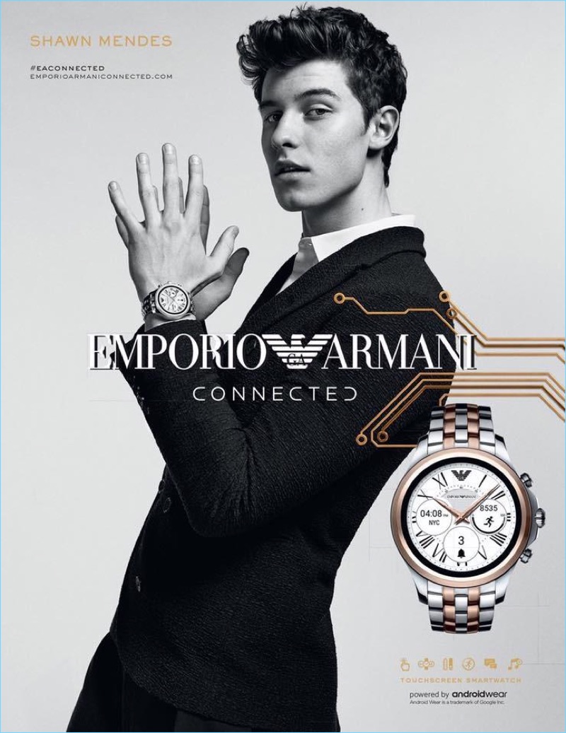 A sleek vision, Shawn Mendes appears in Emporio Armani's connected campaign. » Shawn Mendes Reunites with Emporio Armani, Fronts Connected Campaign A sleek vision, Shawn Mendes appears in Emporio Armani's connected campaign.