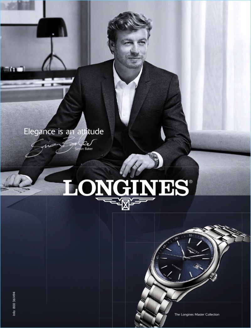 Simon Baker fronts Longines sophisticated timepiece campaign. » Take 5 Ads: Gerard Butler, Hugh Jackman + More Celebs Turn Model Simon Baker fronts Longines sophisticated timepiece campaign.