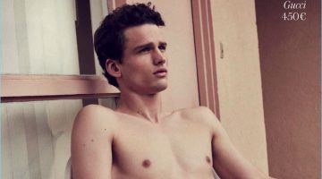 Simon Nessman sports Gucci swim shorts for the July 2017 issue of GQ Germany.