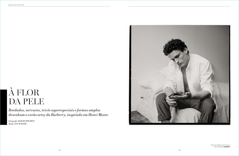 Canadian model Simon Nessman sports Burberry for an editorial in L'Officiel Hommes Brasil.