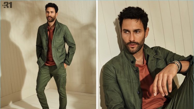 Reuniting with Simons, Noah Mills wears a LE 31 t-shirt, utility jacket, cargo pants, and Birkenstock sandals.