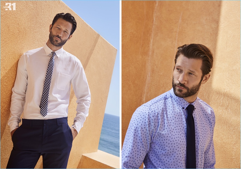 Embracing professional everyday style, John Halls wears patterned shirts and slim ties by LE 31.
