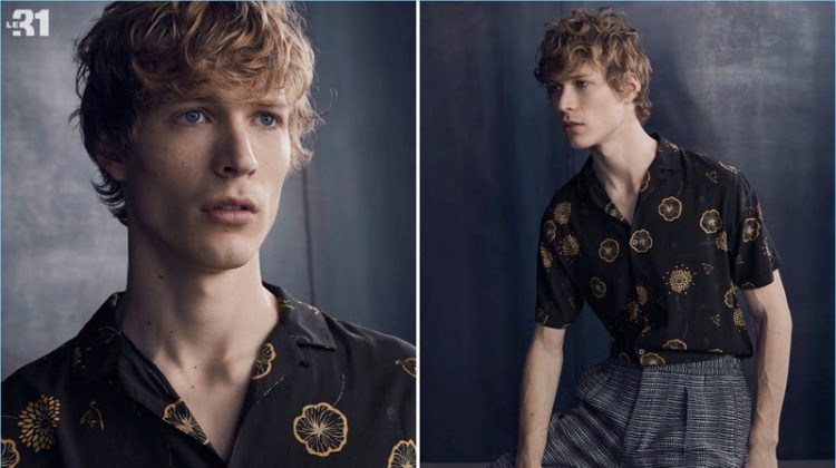 Model Sven de Vries sports an Asian print shirt and pants from LE 31.