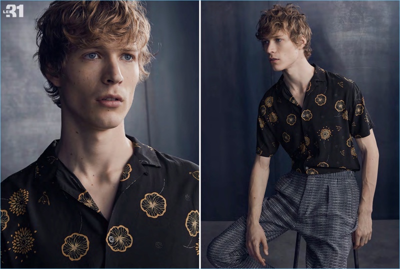 Model Sven de Vries sports an Asian print shirt and pants from LE 31.