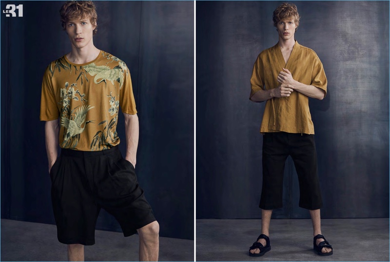 Left: Sven de Vries wears an Osaka-print t-shirt with shorts from LE 31. Right: Sven rocks a LE 31 soft kimono top and Only & Sons deconstructed chinos.