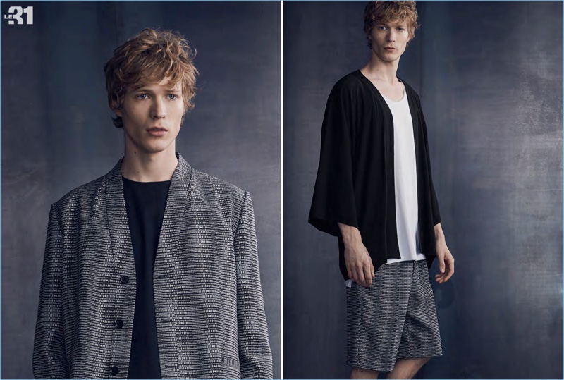 Left: Sven de Vries wears a jacquard kimono style jacket with a longline tee from LE 31. Right: Sven sports a kimono style cardigan with a slouchy tank and jacquard shorts by LE 31.