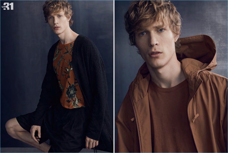 Left: Sven de Vries wears an Osaka-print t-shirt with a wave-texture kimono cardigan and shorts from LE 31. Right: Sven sports a jacket and top by LE 31.
