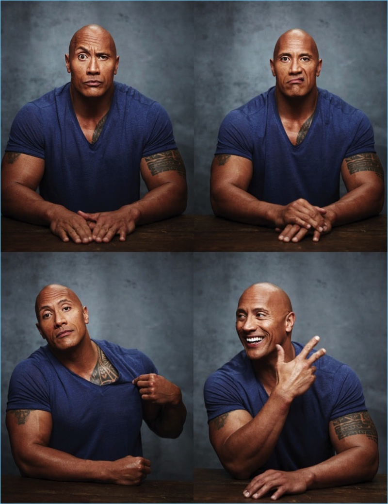 Actor Dwayne 'The Rock' Johnson goes casual in a v-neck tee for Emmy magazine.