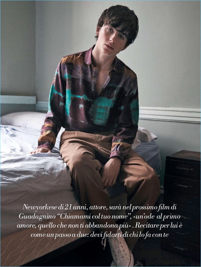 Timothée Chalamet wears a Boglioli shirt with Ermenegildo Zegna Couture trousers, and Converse sneakers.