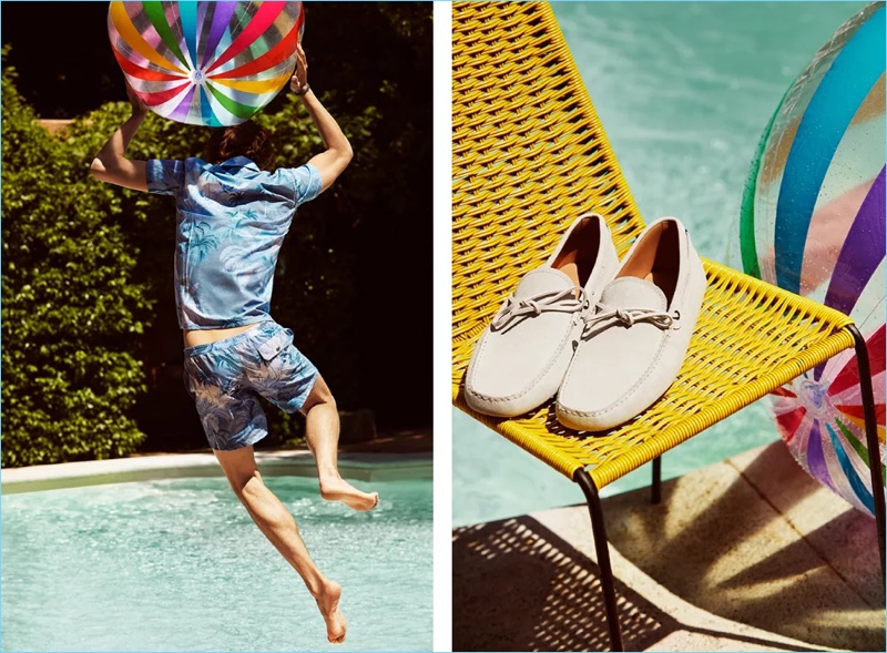Left: Life’s a beach with Tod’s camp-collar printed shirt $395 and mid-length printed swim shorts $295. Right: Capture the Italian summer with Tod’s Gommino suede driving shoes $445.