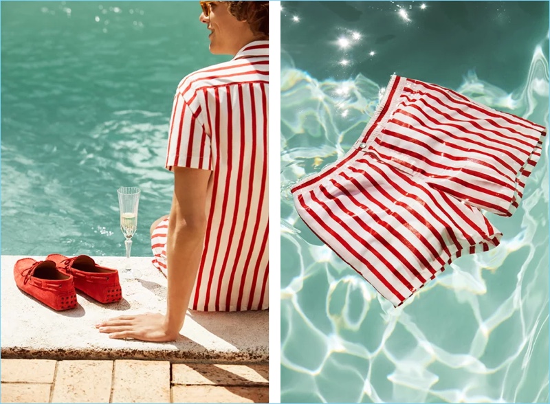 Tod’s makes a red statement with its Gommino suede driving shoes, camp-collar striped shirt $395 and swim shorts $295.