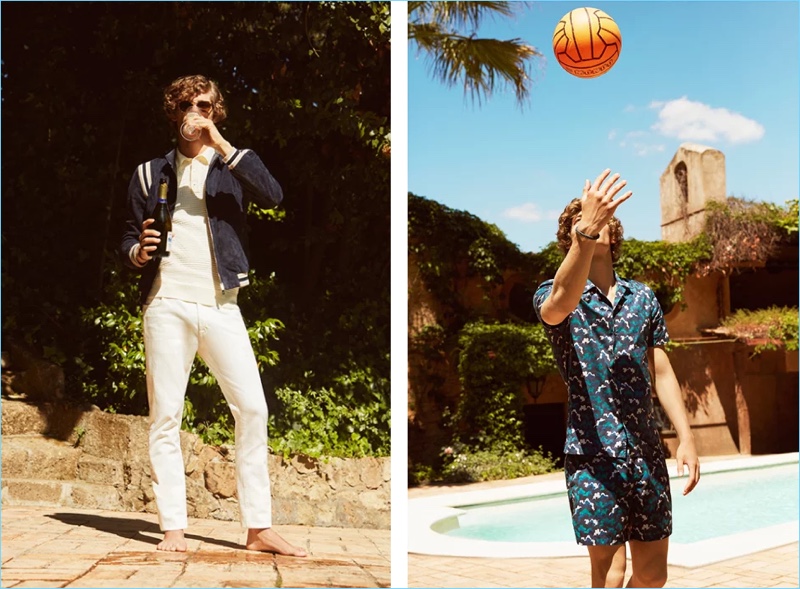 Left: Embrace an elegant ensemble with Tod’s suede bomber jacket $2,495, polo shirt $495, and slim-fit denim jeans. Right: Coordinate with Tod’s camp-collar printed cotton-voile shirt $395 and mid-length printed swim shorts $295.