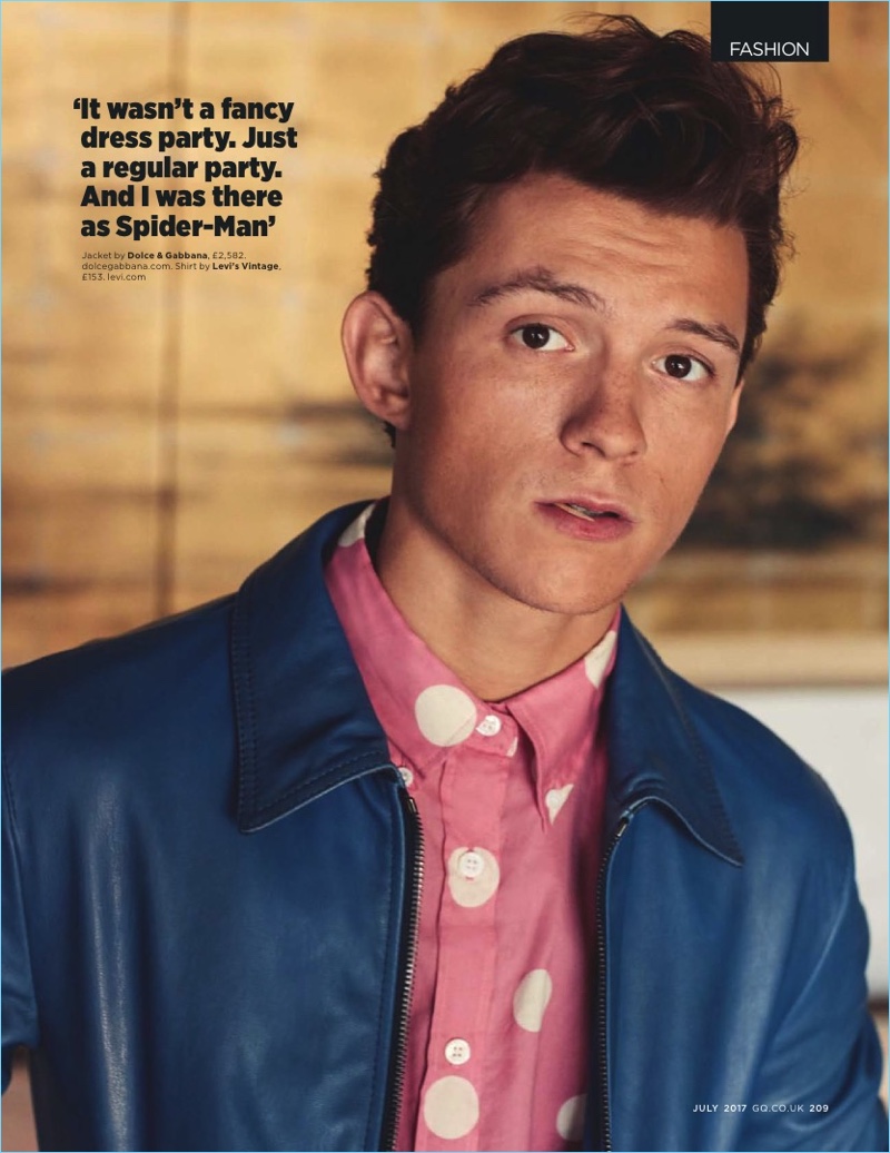 Tom Holland sports a blue leather Dolce & Gabbana jacket with a Levi's Vintage shirt.