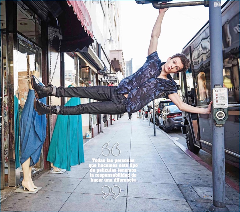 Actor Tom Holland shows off his flexibility and strength in a photo for Seventeen México.