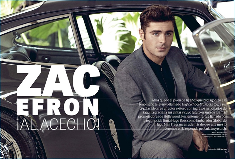 Posing in a car, Zac Efron wears a look by HUGO Hugo Boss. » Zac Efron Covers GQ México, Stars in HUGO-Clad Photo Shoot Posing in a car, Zac Efron wears a look by HUGO Hugo Boss.