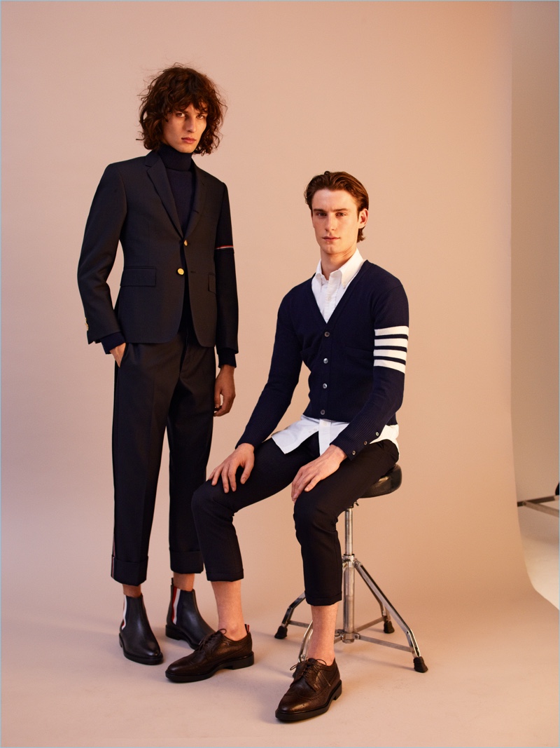 Models Ákos Sógor and Matt Doran sport trim looks from Thom Browne.