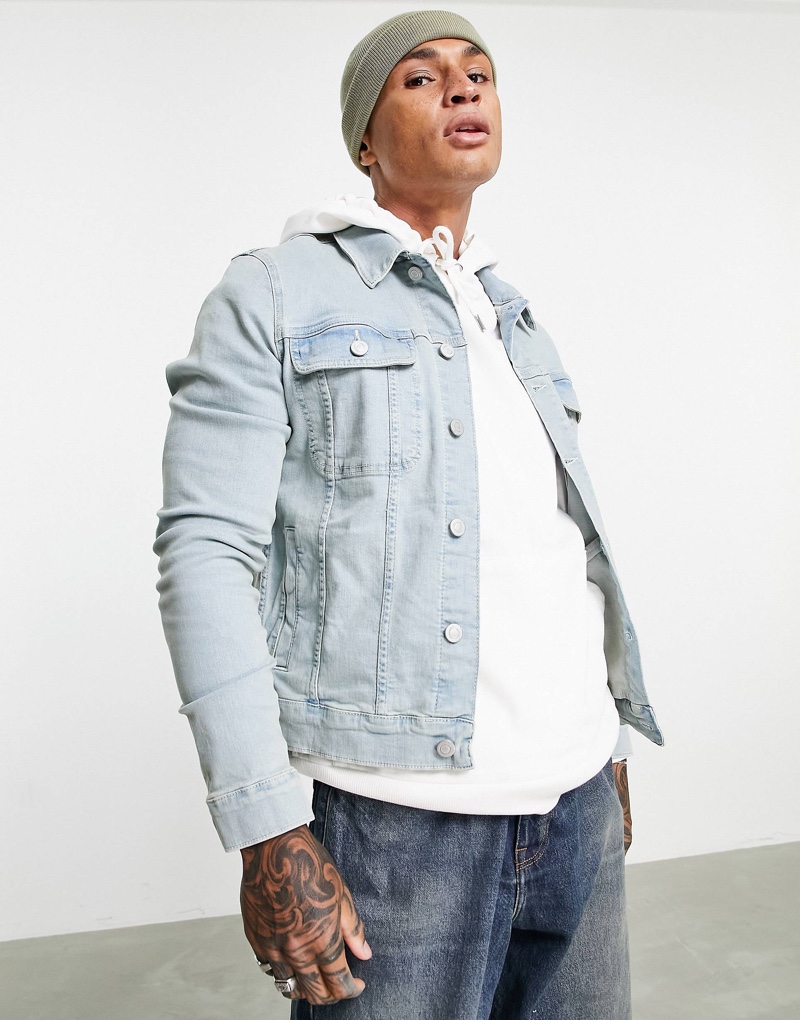 ASOS Design Skinny Western Denim Jacket Bleach Wash Men