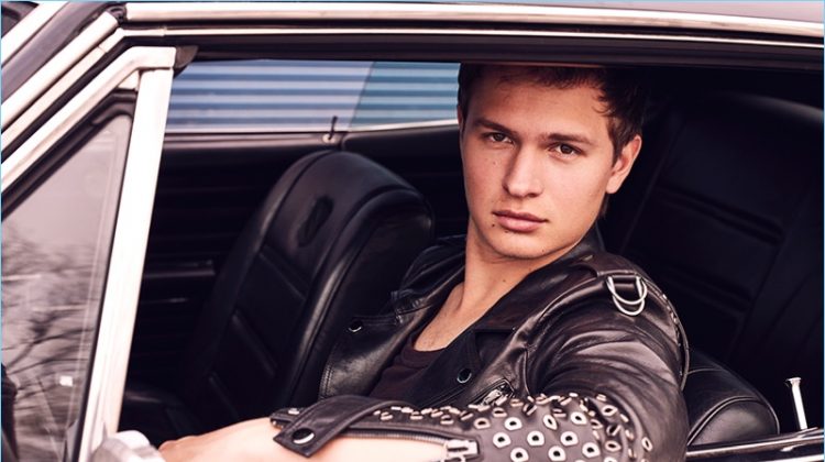 Actor Ansel Elgort wears a leather biker jacket from XB OFCL by Brandon Sun.