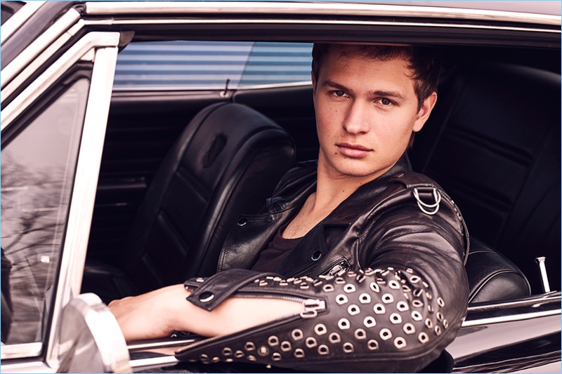 Actor Ansel Elgort wears a leather biker jacket from XB OFCL by Brandon Sun.