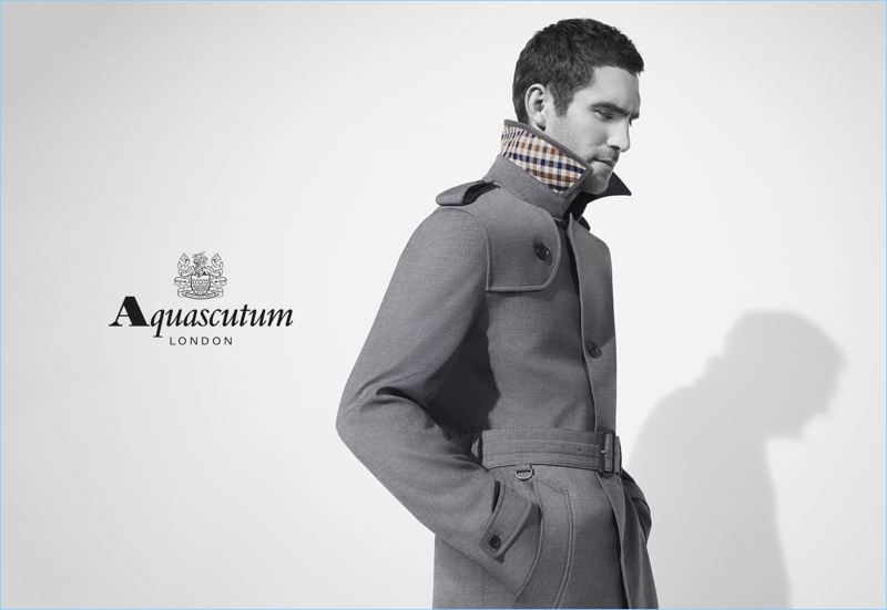 Delivering a side profile, Will Chalker stars in Aquascutum's fall-winter 2017 campaign.