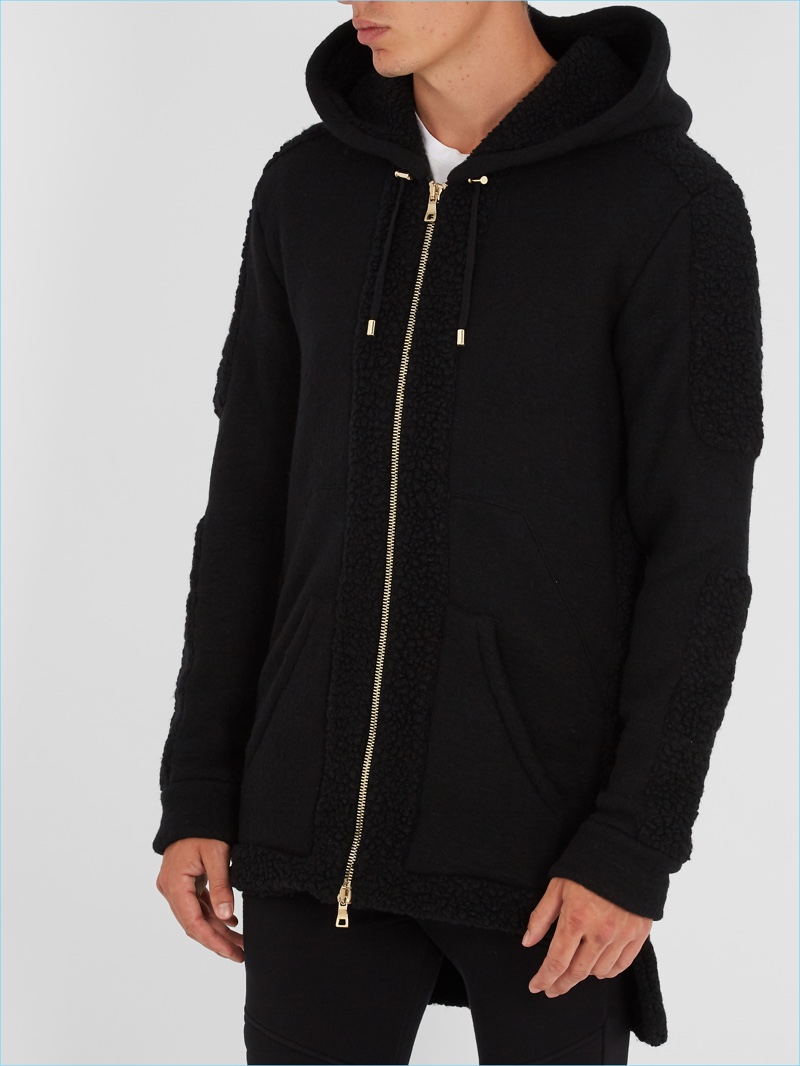 Balmain Contrast-Panel Wool-Blend Hooded Top