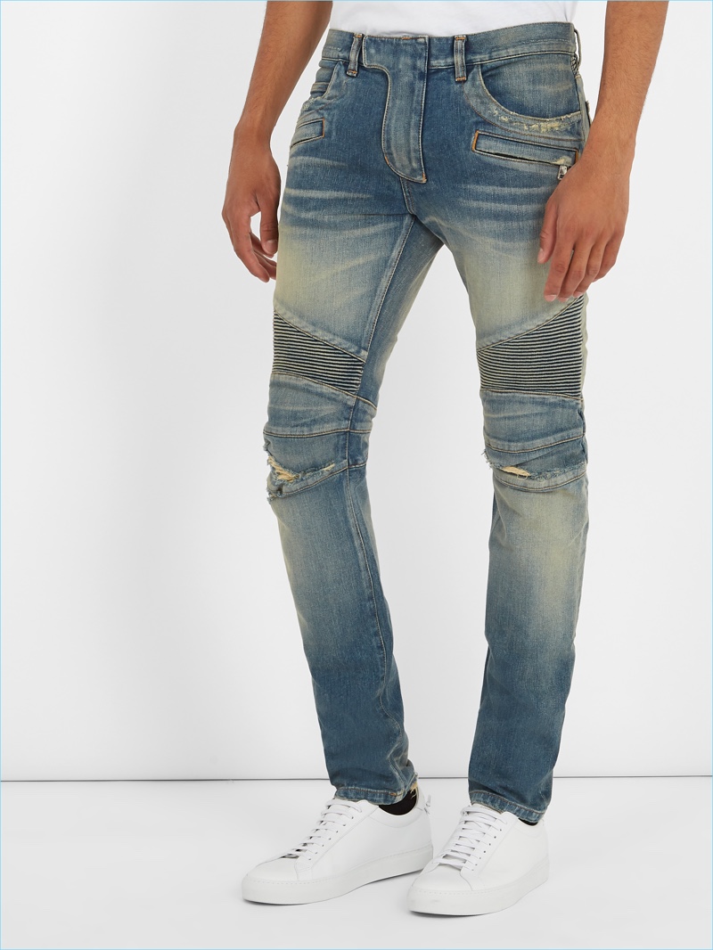 Balmain Distressed Biker Slim-Leg Jeans