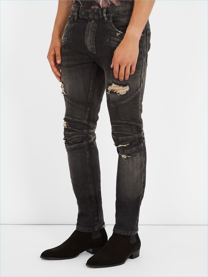 Balmain Distressed Slim-Leg Biker Jeans