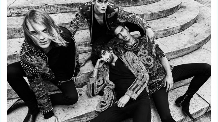 Ton Heukels, Presley Gerber, Marlon Teixeira, and Jon Kortajarena front Balmain's fall-winter 2017 men's campaign.