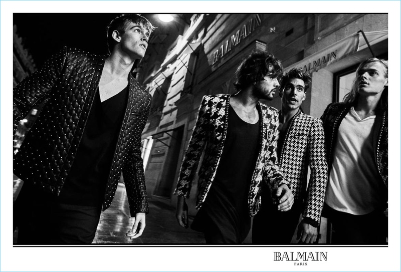 Presley Gerber, Marlon Teixeira, Jon Kortajarena, and Ton Heukels star in Balmain's fall-winter 2017 men's campaign.